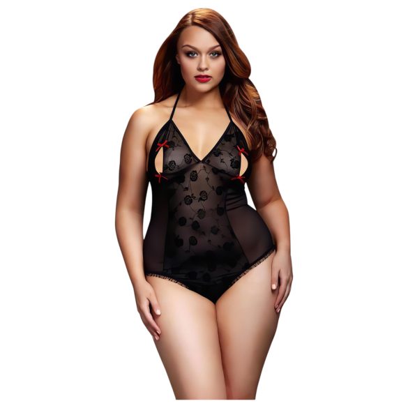 BACI Plus Size - nyakpántos, áttetsző body- fekete (XL-XXL)